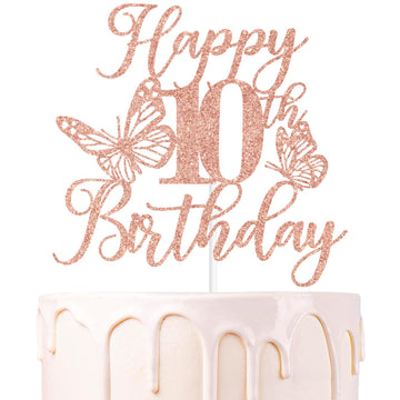 Rose Gold Glitter Happy 10th Birthday Cake Topper, Butterfly Happy 10th Birthday/Cheers to 10 Years, Butterfly Themed 10th Birth