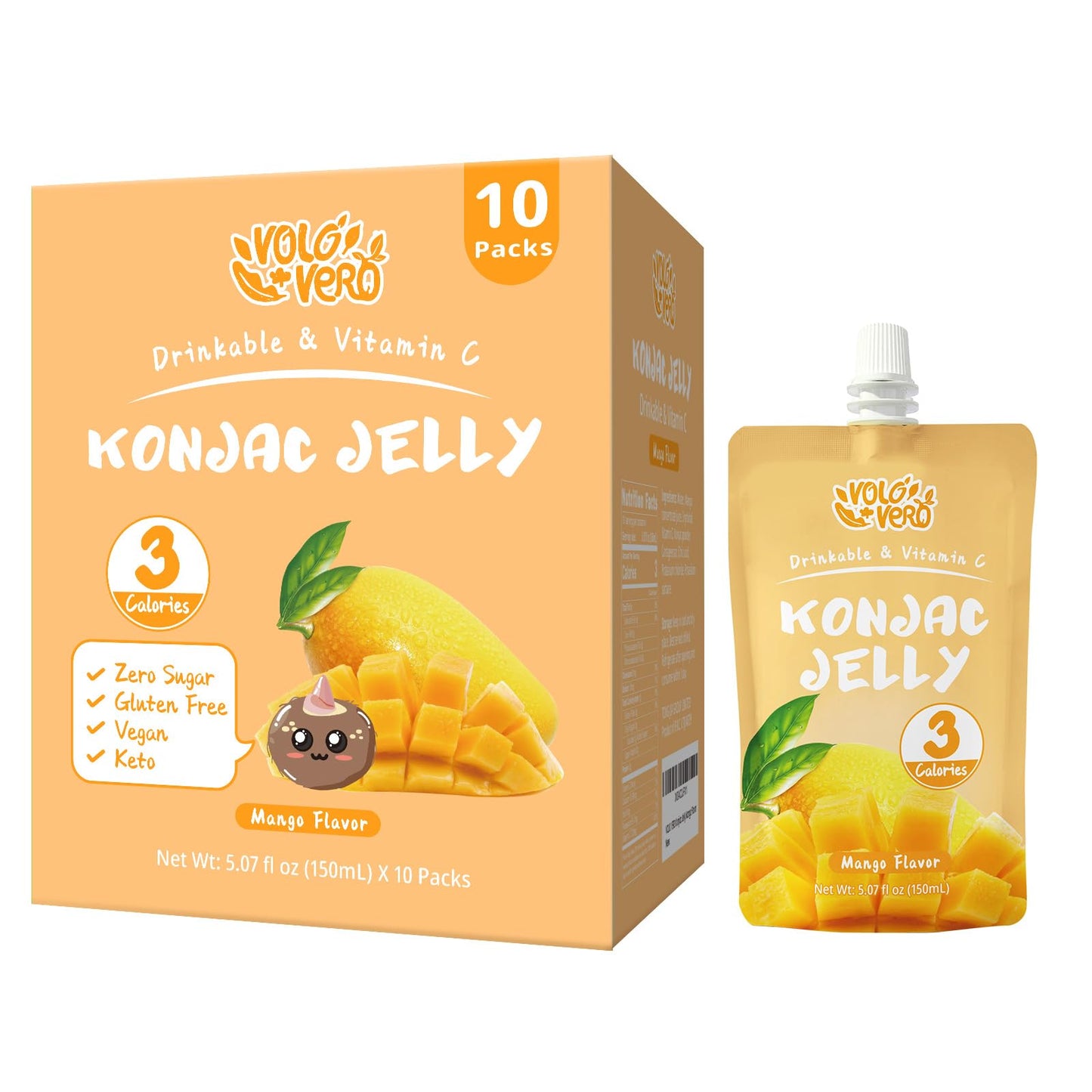 VOLO VERO Konjac Jelly Squeeze Pouch Mango Flavor, Low Calories (3 Kcal), 10 Packs, Gluten Free & Vegan, 0 Sugar, Keto, Low Carb