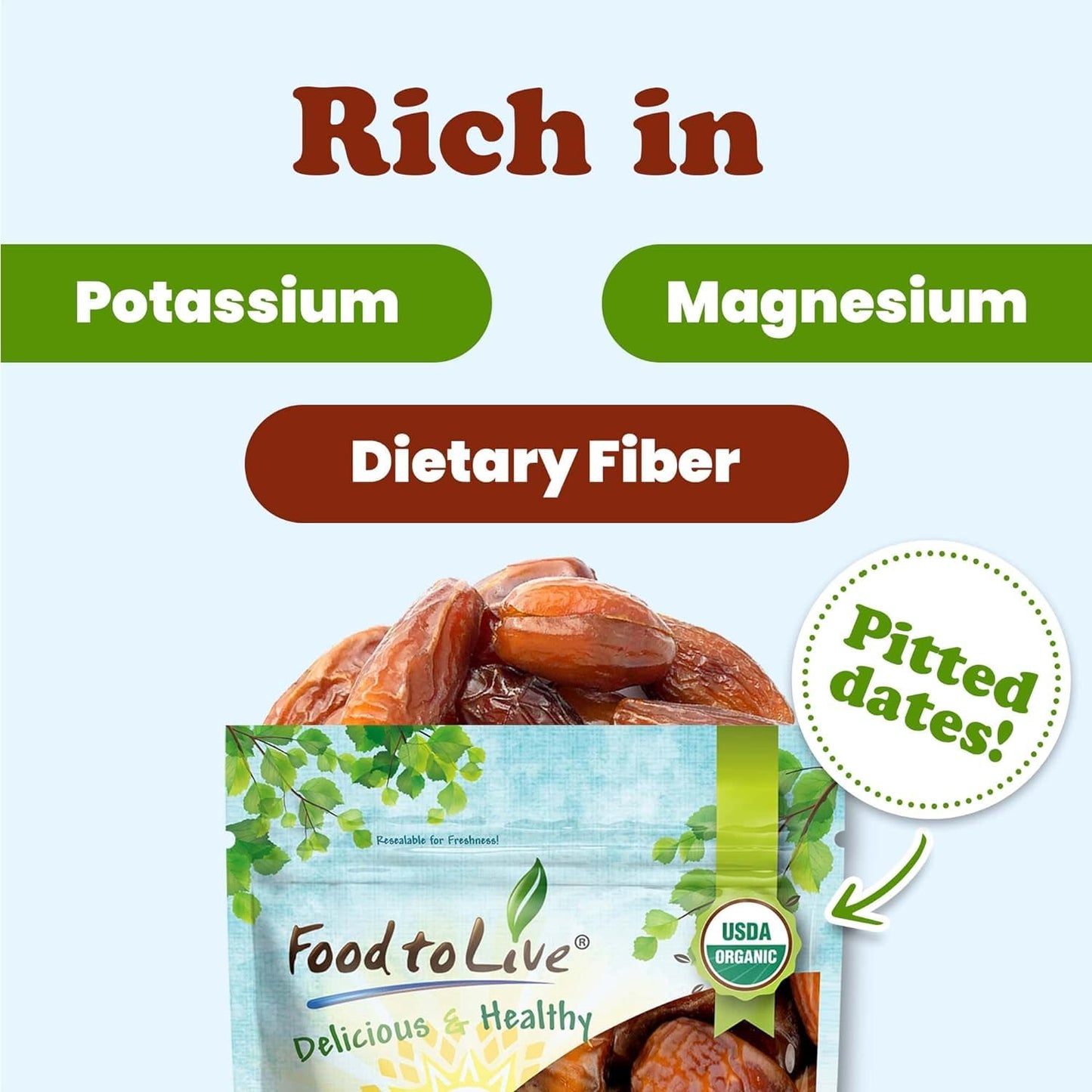 Food to Live Organic Deglet Noor Dates – Pitted, Non-GMO, Unsulfured, 6 Pounds, Vegan, Kosher, Bulk Dried Fruit