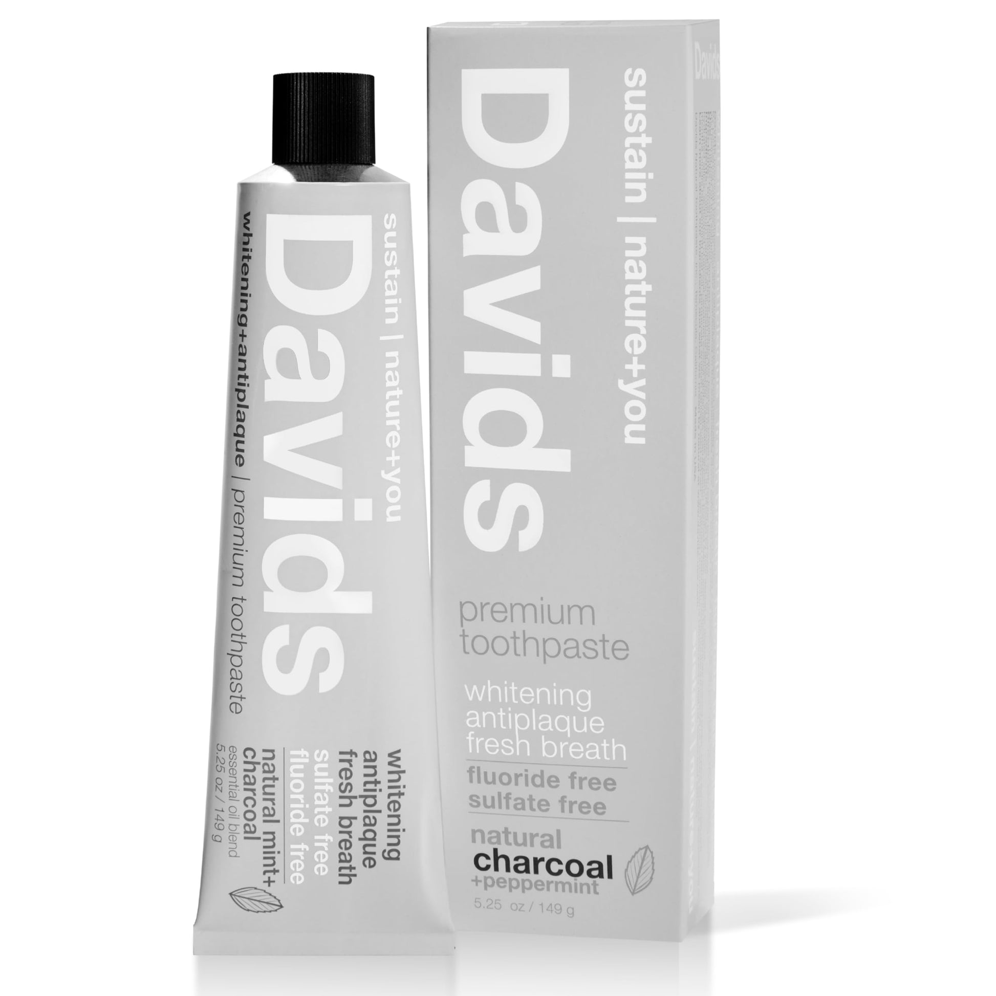 Davids Charcoal Toothpaste For Enhanced Teeth Whitening, Peppermint, Antiplaque, Flouride Free, Sls Free, Enamel Safe, Toothpaste Squeezer Included, Recyclable Metal Tube, 5.25Oz
