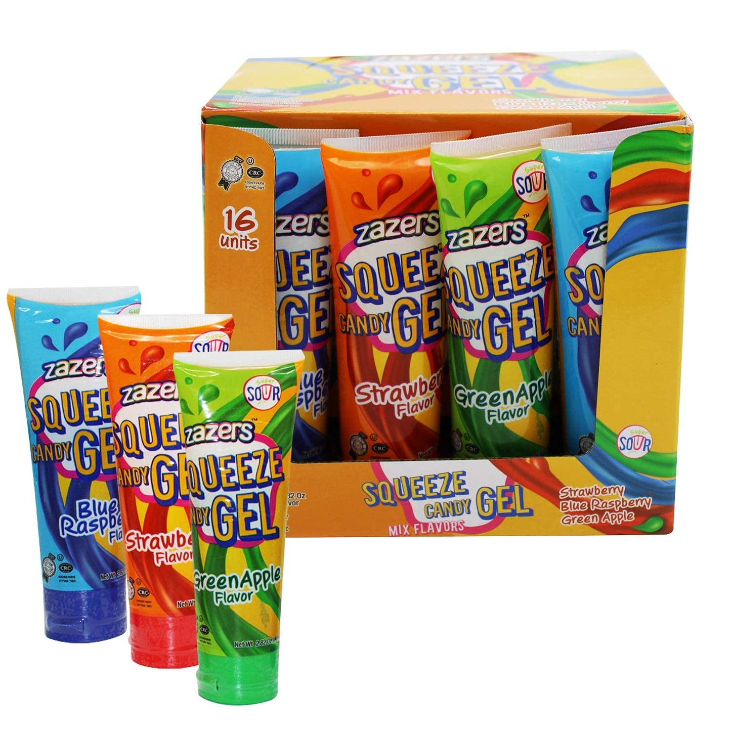 slime Sour Lickers Squeeze Gel Candy - 16 Pack Display Assorted Flavors, 8 Blue Raspberry 4 Green Apple and 4 Strawberry, Great