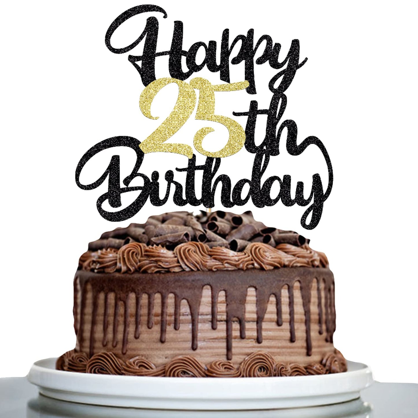 Klionjor 25th Birthday Cake Topper - Black Gold Glitter Cardboard Decoration