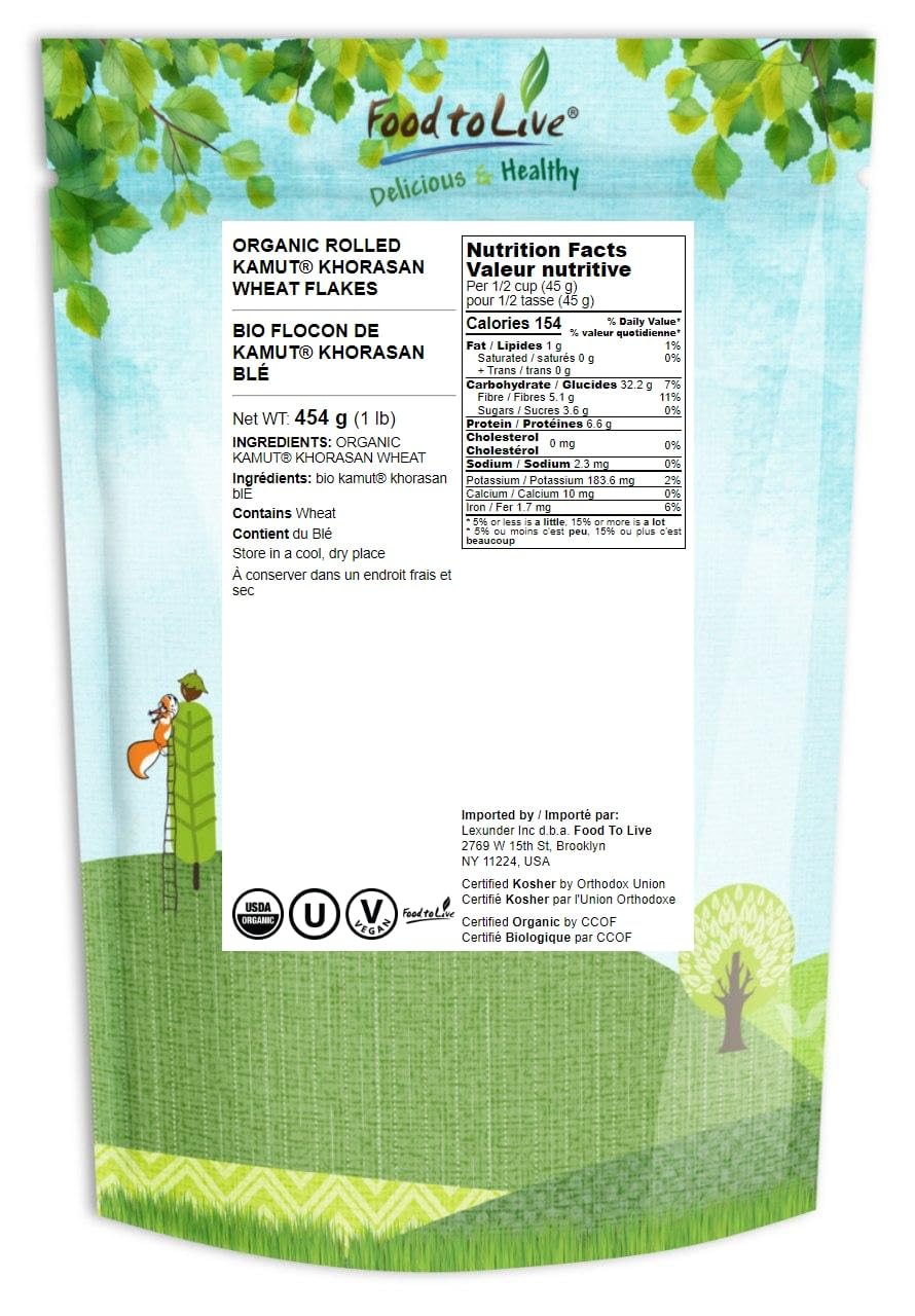 Food To Live Organic Rolled Kamut Khorasan Wheat Flakes, 1 Pound - Non-Gmo, Made From Whole Wheat Berries, Kosher, Bulk, Great F