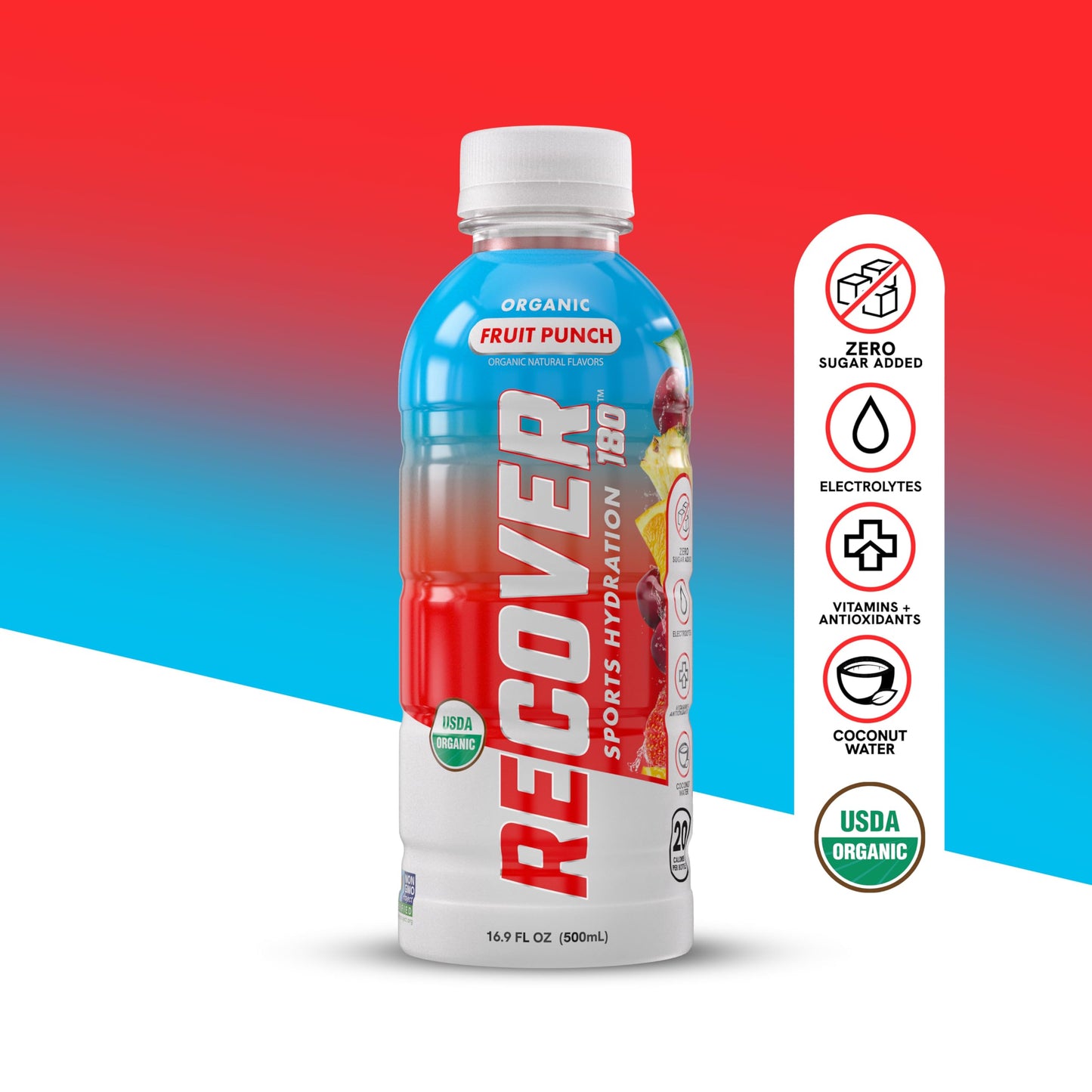RECOVER 180 Organic Sports Hydration Drink, No Sugar, 15 Cal, Fruit Punch, 16.9 Fl Oz (Pack of 12)