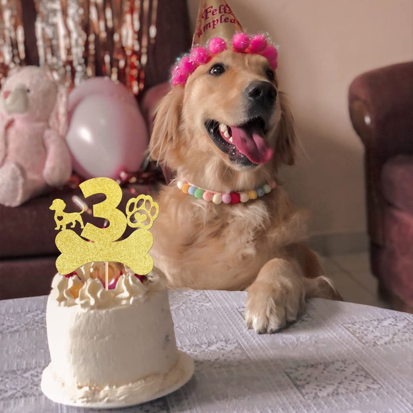1 Pcs 3Rd Birthday Cake Topper With Gold Glitter Dog Paw Three Years Old Birthday Cake Pick Puppy Dog Bone Cake Decorations For