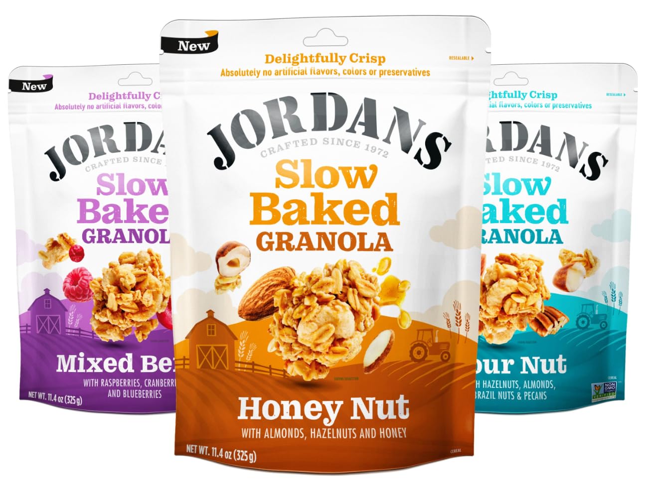 JORDANS Slow Baked Granola Variety Pack - Mixed Berry, Honey Nut, Four Nut - 11.4 oz (3 Pack) - No Artificial Flavors or Preservatives