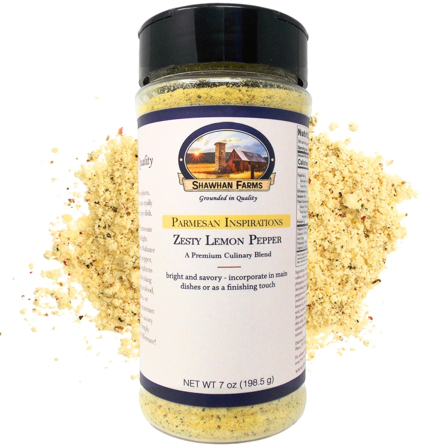 Shawhan Farms Zesty Lemon Pepper Parmesan Seasoning, Real Parm Cheese Topper, Three Peppercorn Blend, Small Batch USA, 7 oz Shak