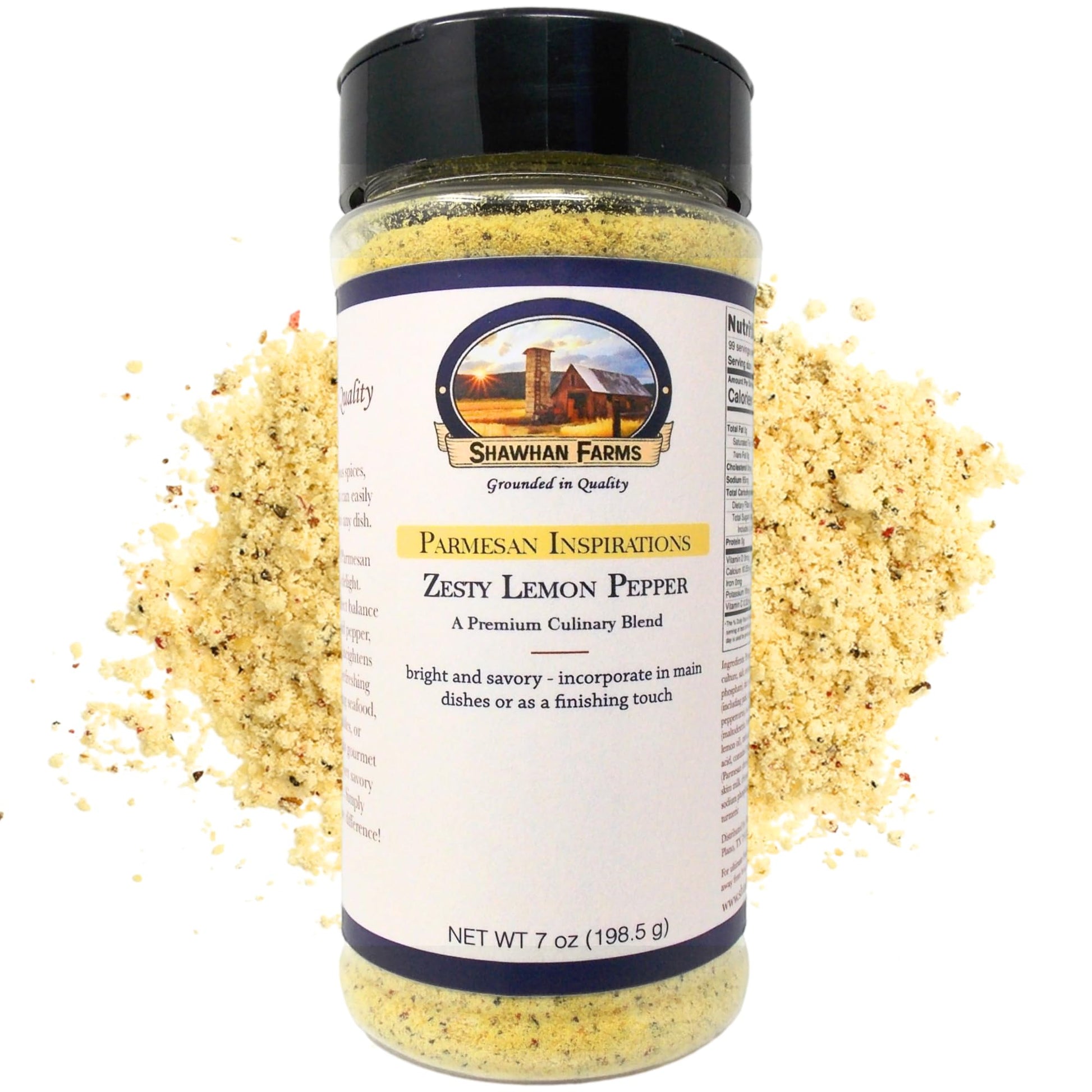 Shawhan Farms Zesty Lemon Pepper Parmesan Seasoning, Real Parm Cheese Topper, Three Peppercorn Blend, Small Batch USA, 7 oz Shak