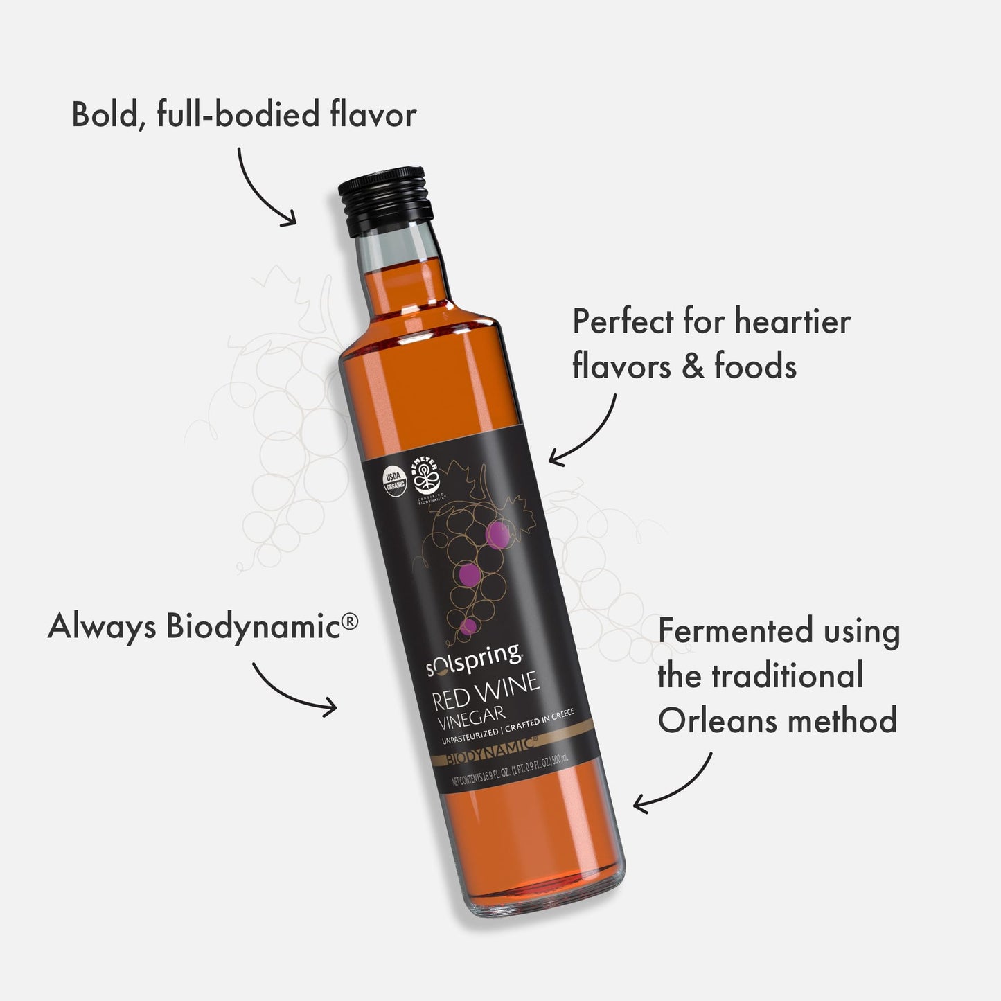 Dr. Mercola Biodynamic Red Wine Vinegar, Unpasteurized, USDA Organic, 16.9 Fl Oz (500 mL), Vegan, Gluten Free, Soy Free
