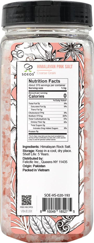 Soeos Himalayan Salt - Coarse Grain, 20 oz, Himalayan Pink Salt, Pure Rock Salt for Grinders and Salt Mills, Kosher & Natural Ce