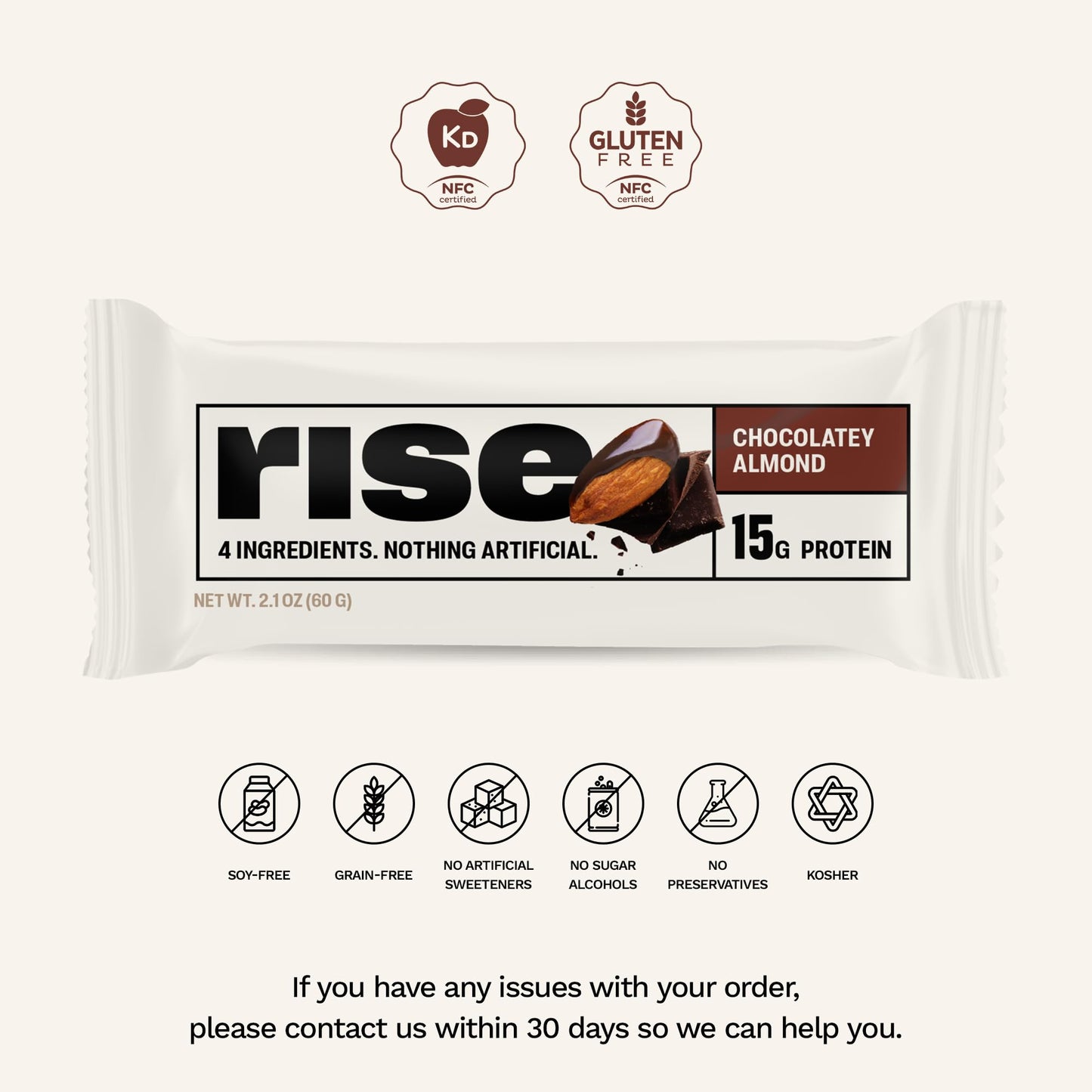 Rise Whey Protein Bars - Chocolatey Almond | Breakfast Bar & Protein Snack 15G Protein 5G Fiber Just 4 Whole Food Ingredients Gluten-Free Soy Free
