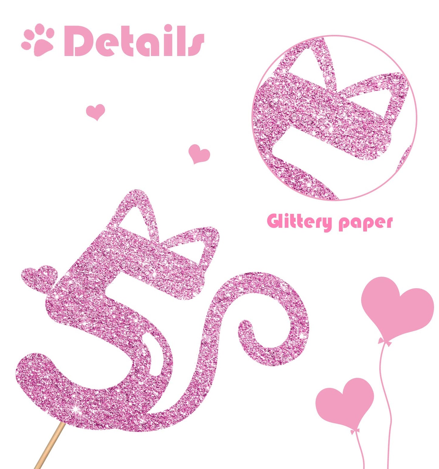 MINUET MINUTE Cat Five Cake Topper - Pink Glitter, Cardboard, Happy 5th Birthday Party Supplies