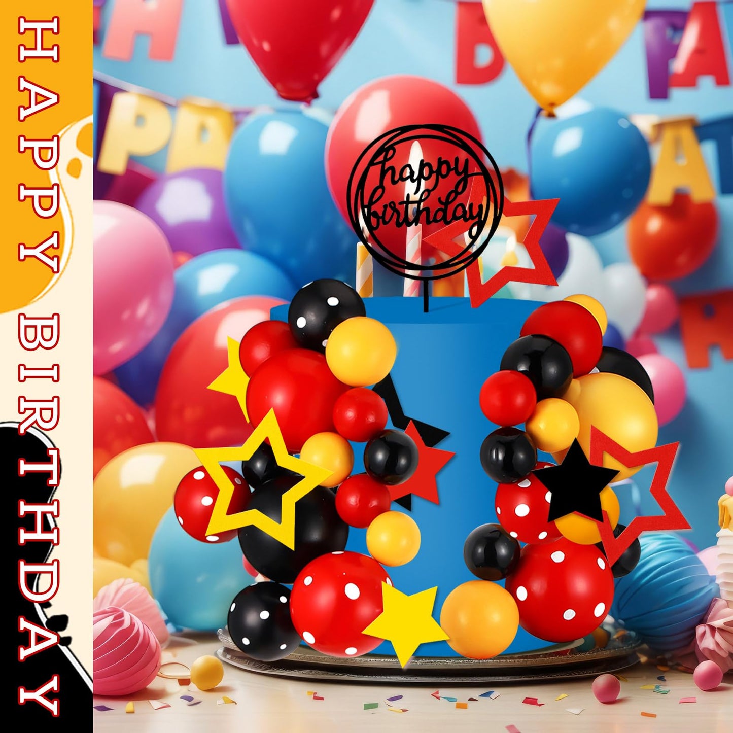 Teenyyou 57 Pcs Cake Topper Set - Black Red Yellow Star Decorations for Birthday, Baby Shower - Various Sizes