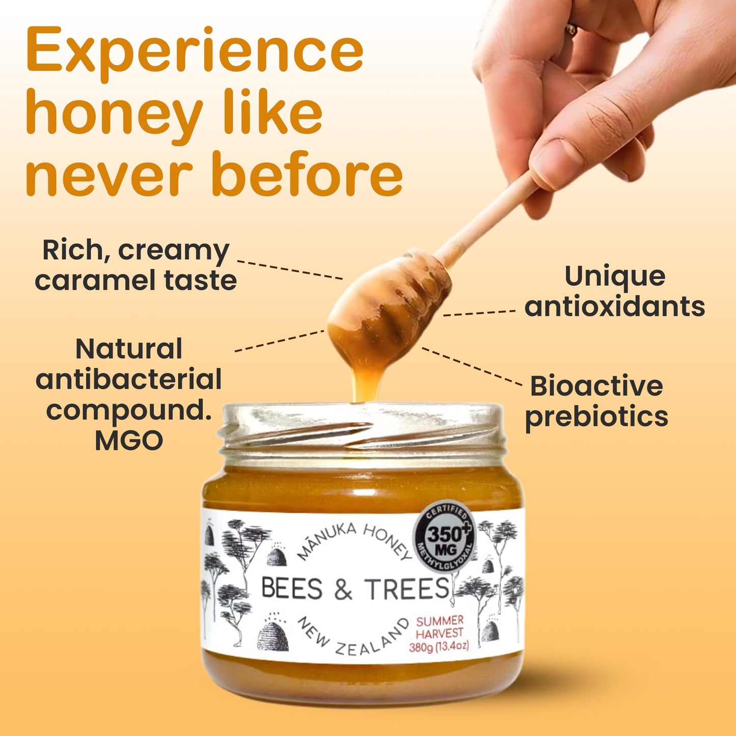 Bees & Trees Manuka Honey Medium Activity Certified 350+ Methylglyoxal - 100% Pure New Zealand Monofloral, Raw & Unpasteurized -