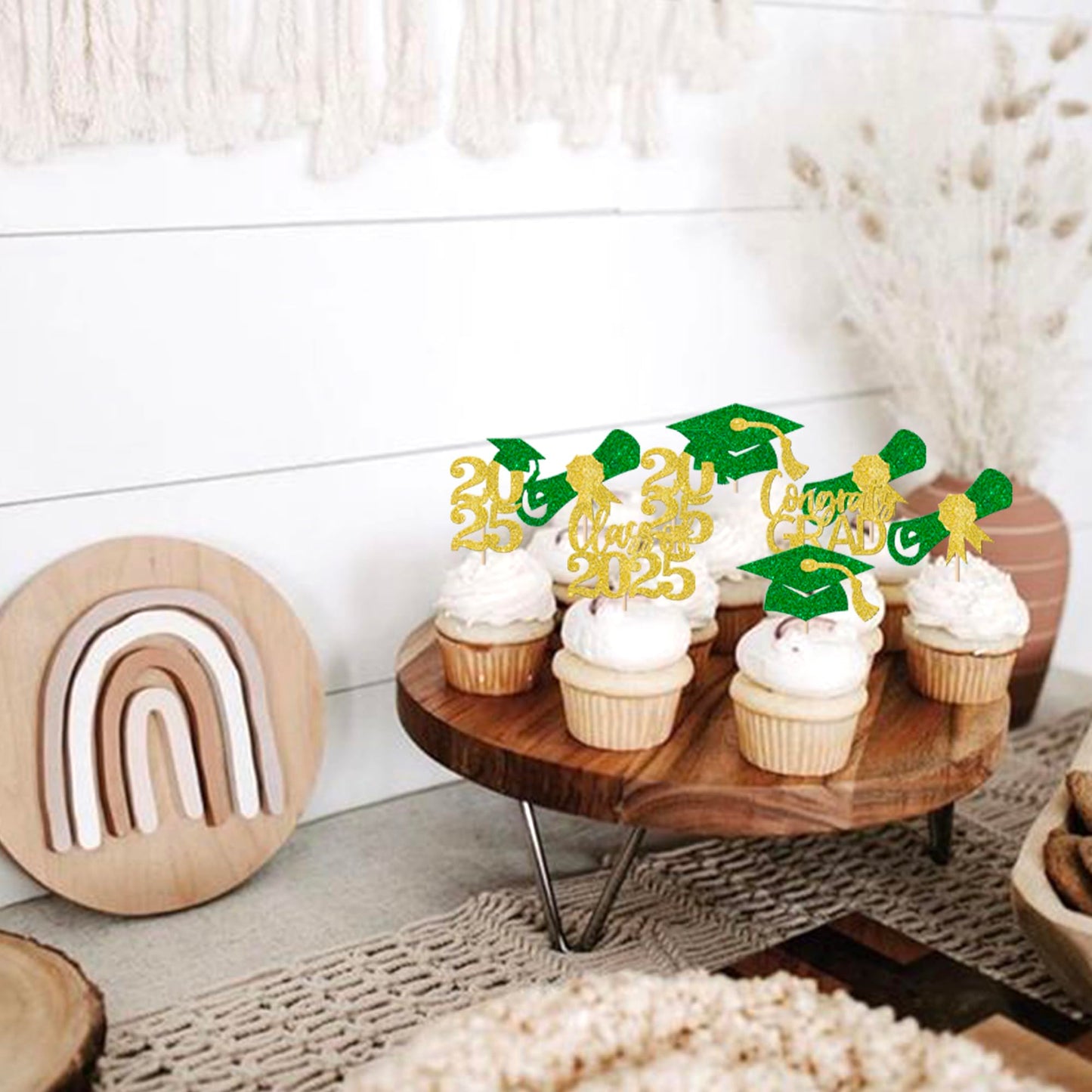 YCTHUNFISH 30 Pack Cupcake Toppers Glitter Grad Decorations for Class of 2025 - Gold Green