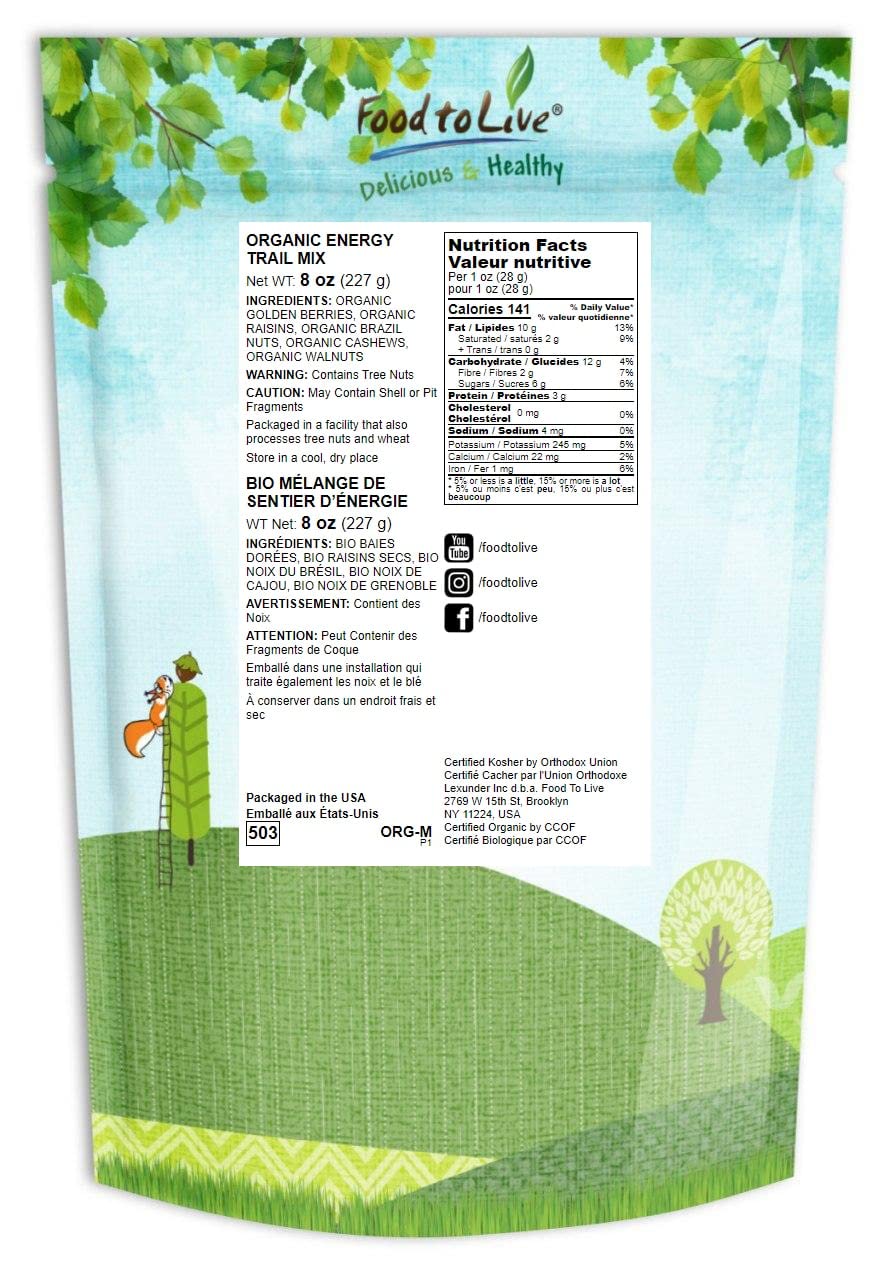 Food To Live Organic Energy Trail Mix, 8 Ounces — Non-Gmo And Raw Nuts And Berries Including Cashews, Golden Berries, Raisins, Walnuts, And Brazil Nuts. Non-Irradiated, Vegan Superfood, Bulk