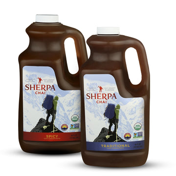 Sherpa Chai Spicy, Traditional Organic Chai Tea Concentrate, 128 oz- Himalayan Black Tea Concentrate w/Freshly Pressed Ginger- A