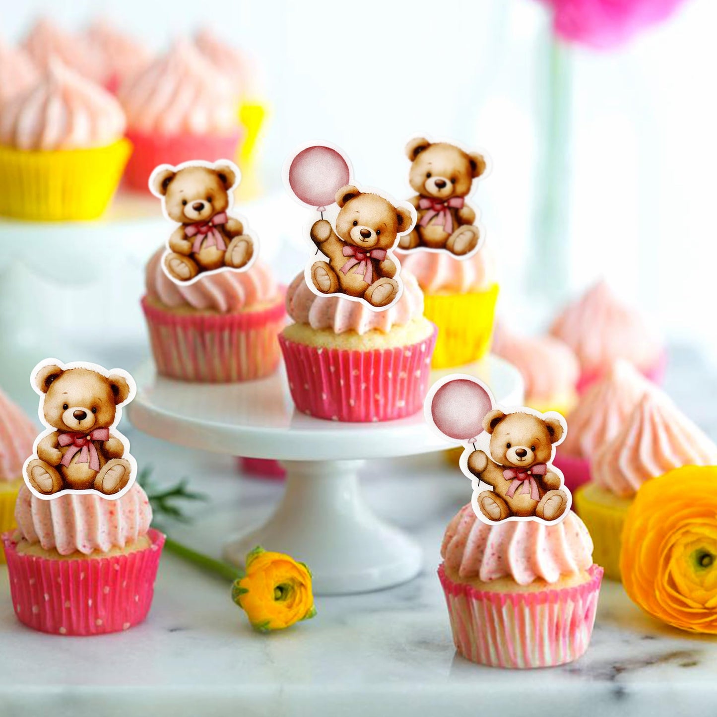 40 Pcs Edible Wafer Paper Baby Shower Bear Cupcake Toppers Drink Topper Selection Baby Bear Theme Baby Shower Decorative Supplie