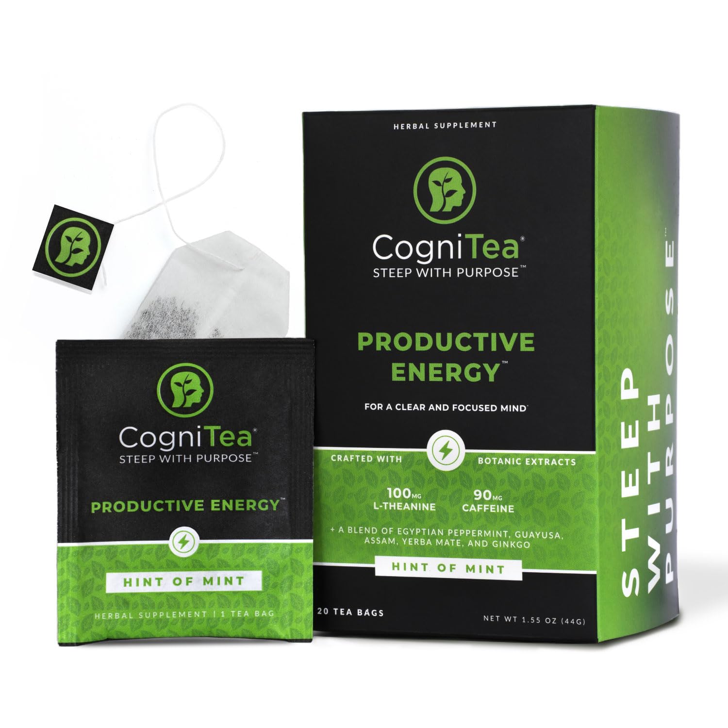 CogniTea Productive Energy Tea - 100mg L-Theanine, 90mg Caffeine, Organic Guayusa & Yerba Mate, Assam Black Tea