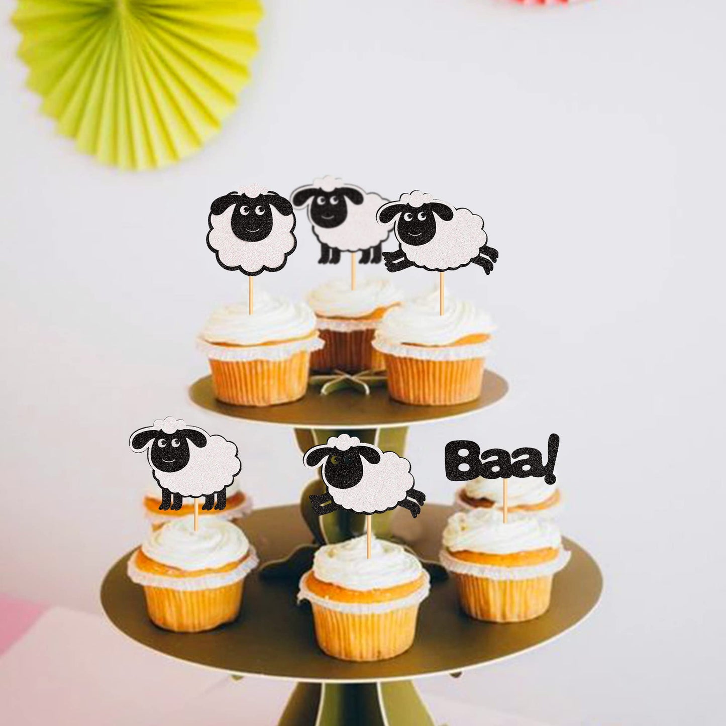 Ercadio 24 Pack Sheep Cupcake Toppers Black Glitter Farm Animals Cupcake Picks Sheep Baa Cupcake Decors Sheep Theme Baby Shower