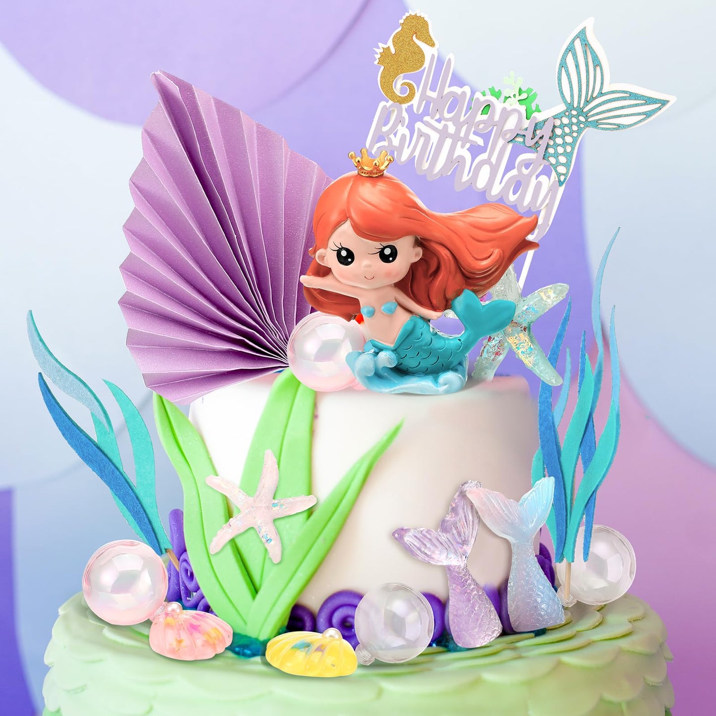 25 Pcs Mermaid Under The Sea Cake Toppers Kit With Little Resin 3D Mermaid Seaweed Palm Leaves Bubble Starfish Shell Mermaid Tai