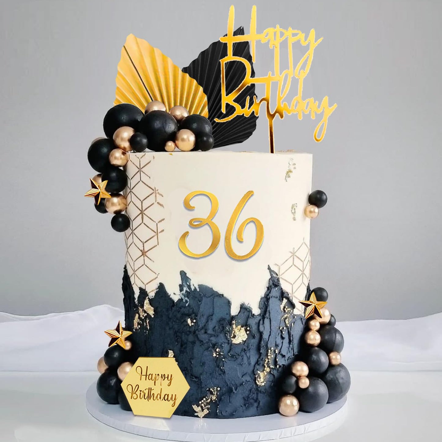 44Pcs Balls Cake Topper Man Cake Decorations With Black Gold Balls Palm Leaves Acrylic Numbers 0-9 And Happy Birthday Cake Toppe