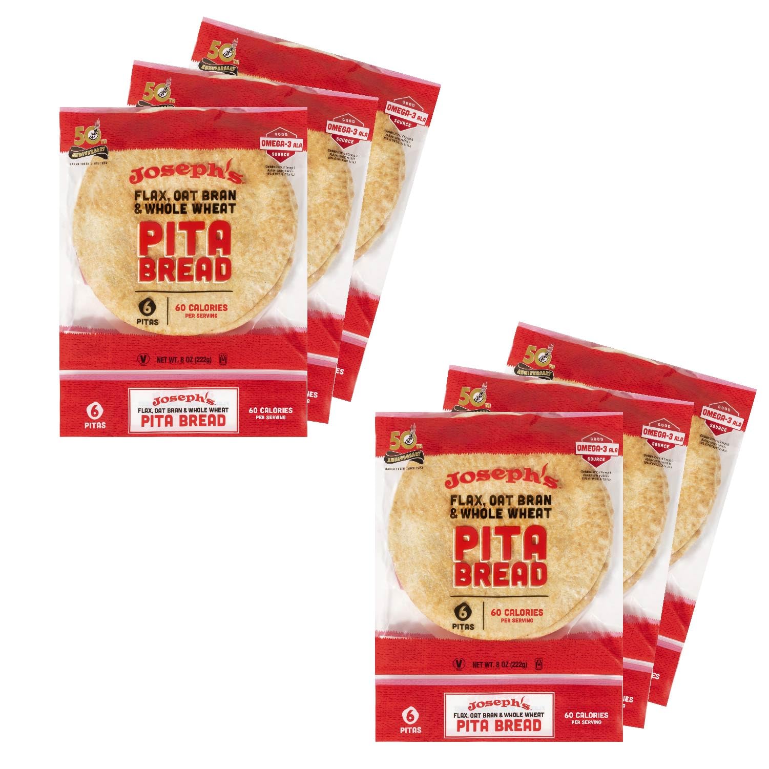 Joseph s Pita Bread Value 6-Pack, Flax Oat Bran and Whole Wheat, 7g Net Carbs per Serving, Fresh Baked (6 per Pack, 36 Pitas To