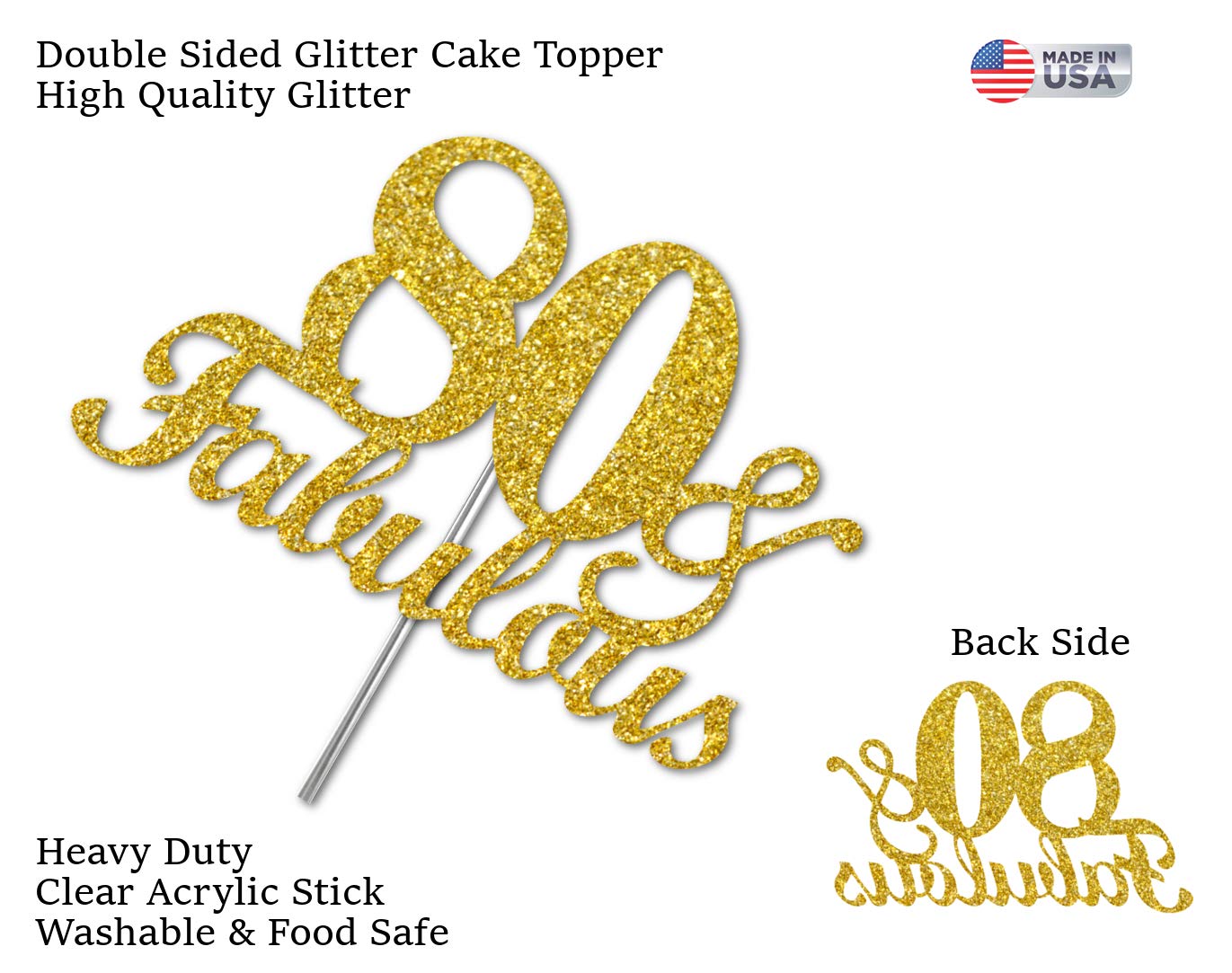 RokAPary 80 & Fabulous Cake Topper, Gold Glitter, Doubled Sided, Acrylic Stick, 80th Birthday Decoration