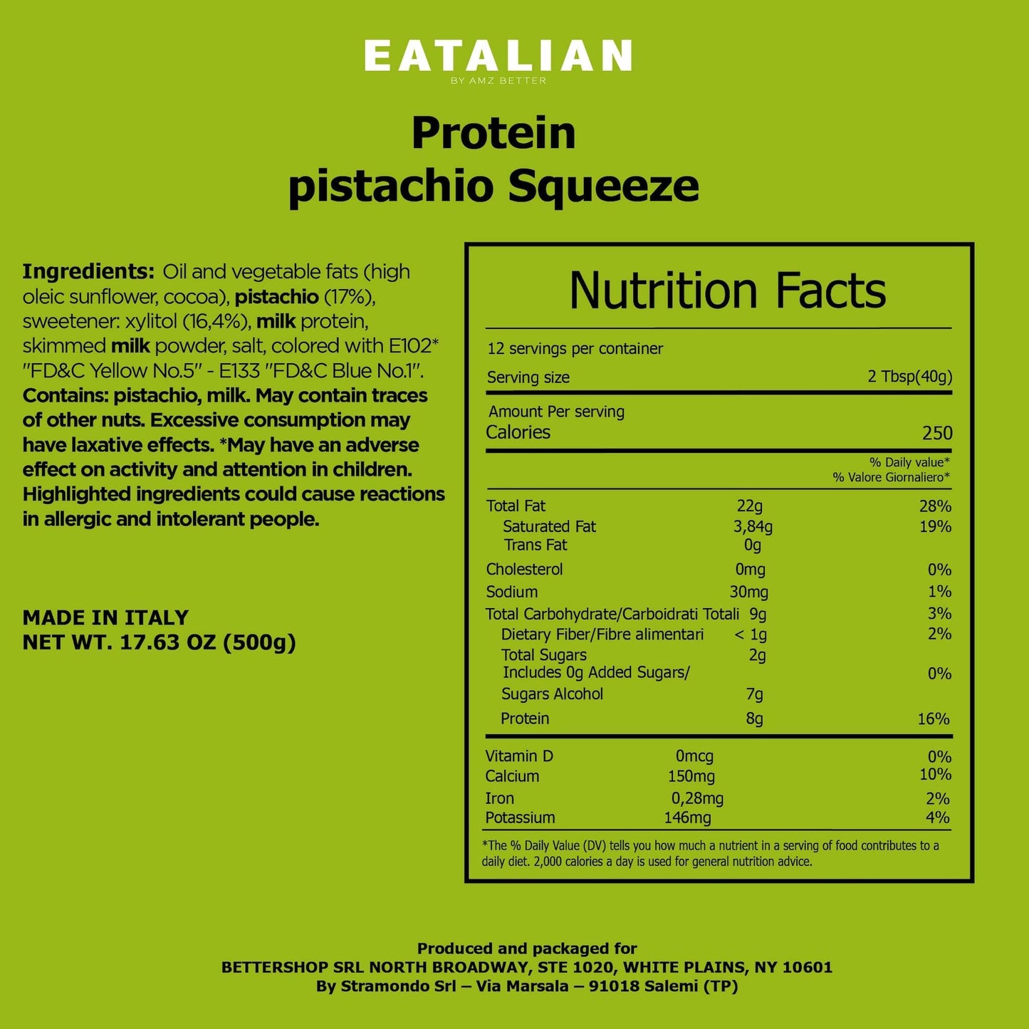 Eatalian By Amz Better Topping With Protein Pistachio Flavour, Sweet Protein Cream, In A 17.63 Oz/ 500 Gr Squeezer, Made In Ital