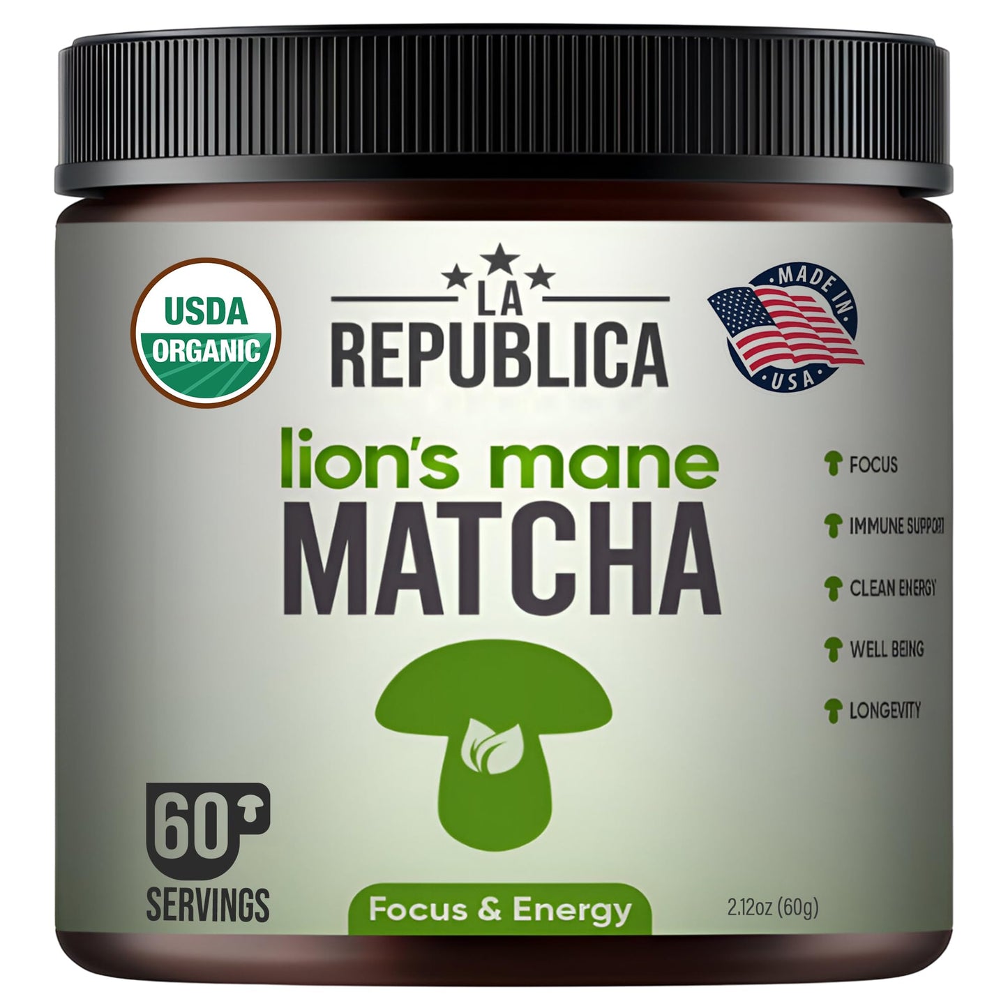 La Republica Lions Mane Mushroom Matcha Powder Grown with Full Fruiting Lions Mane Mushroom with No Fillers, USDA Organic, 60 Se