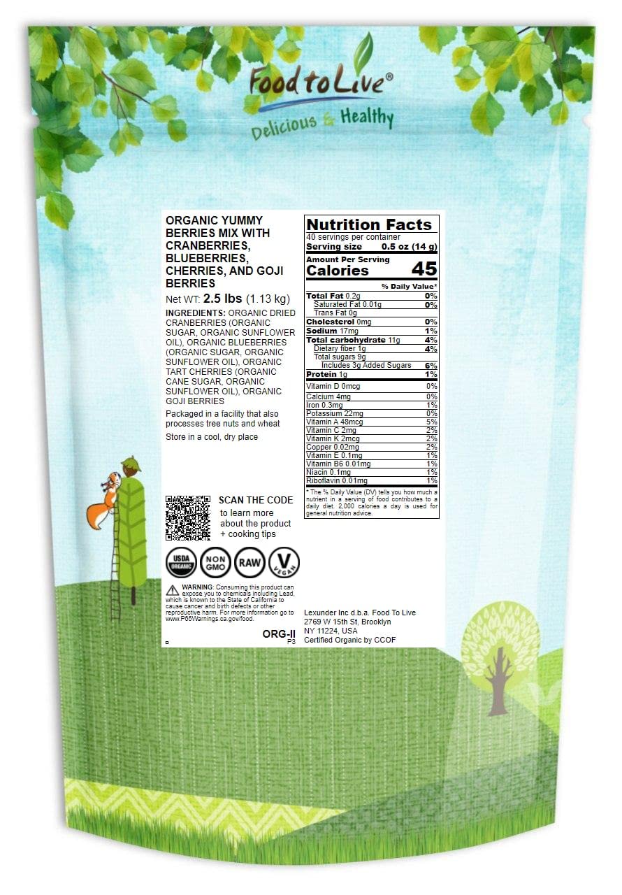 Food To Live Organic Yummy Berries Mix, 2.5 Pounds, Non-Gmo Dried Cranberries, Blueberries, Cherries, Goji Berries, Vegan, Unsul