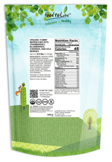 Food To Live Organic Yummy Berries Mix, 2.5 Pounds, Non-Gmo Dried Cranberries, Blueberries, Cherries, Goji Berries, Vegan, Unsul