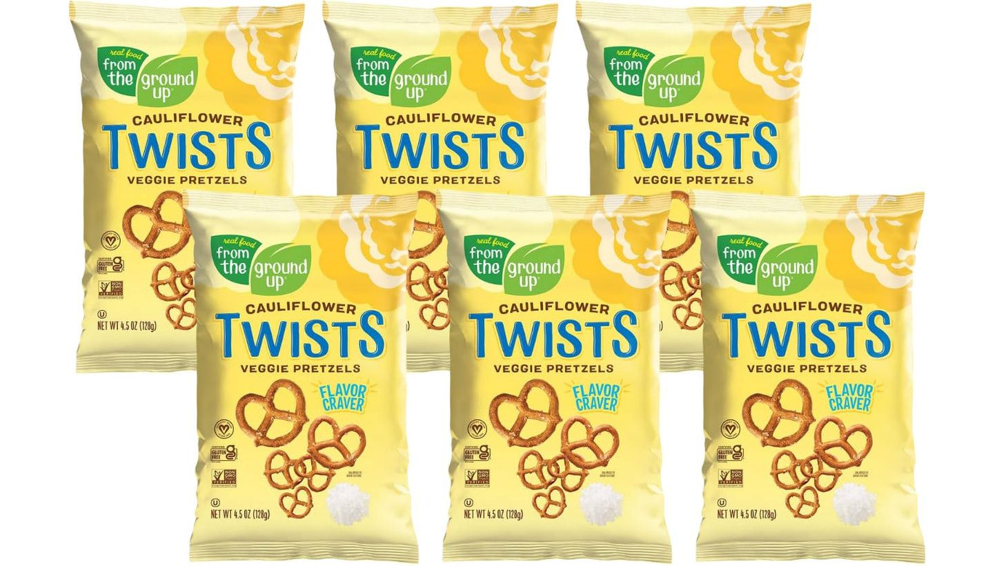 REAL FOOD FROM THE GROUND UP Vegan Cauliflower Pretzels, Gluten Free, Non-GMO, 4.5 oz (Pack of 6), Twists