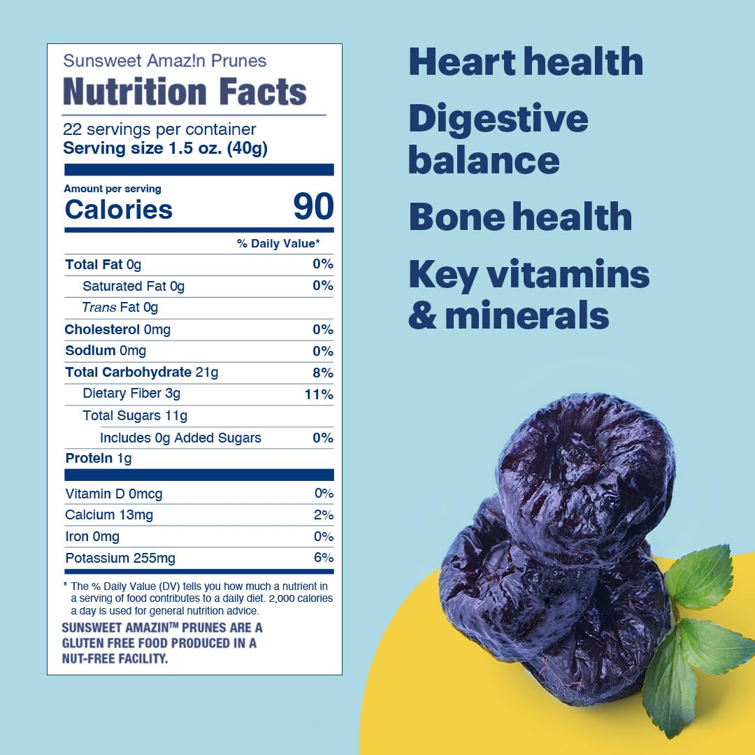 Sunsweet Amazin' Pitted Prunes - Dried Prunes Pitted Unsweetened - Gluten Free, Vegan, Low Fat - Fiber & Minerals - 2Lb Resealable Bag X 3 Pack