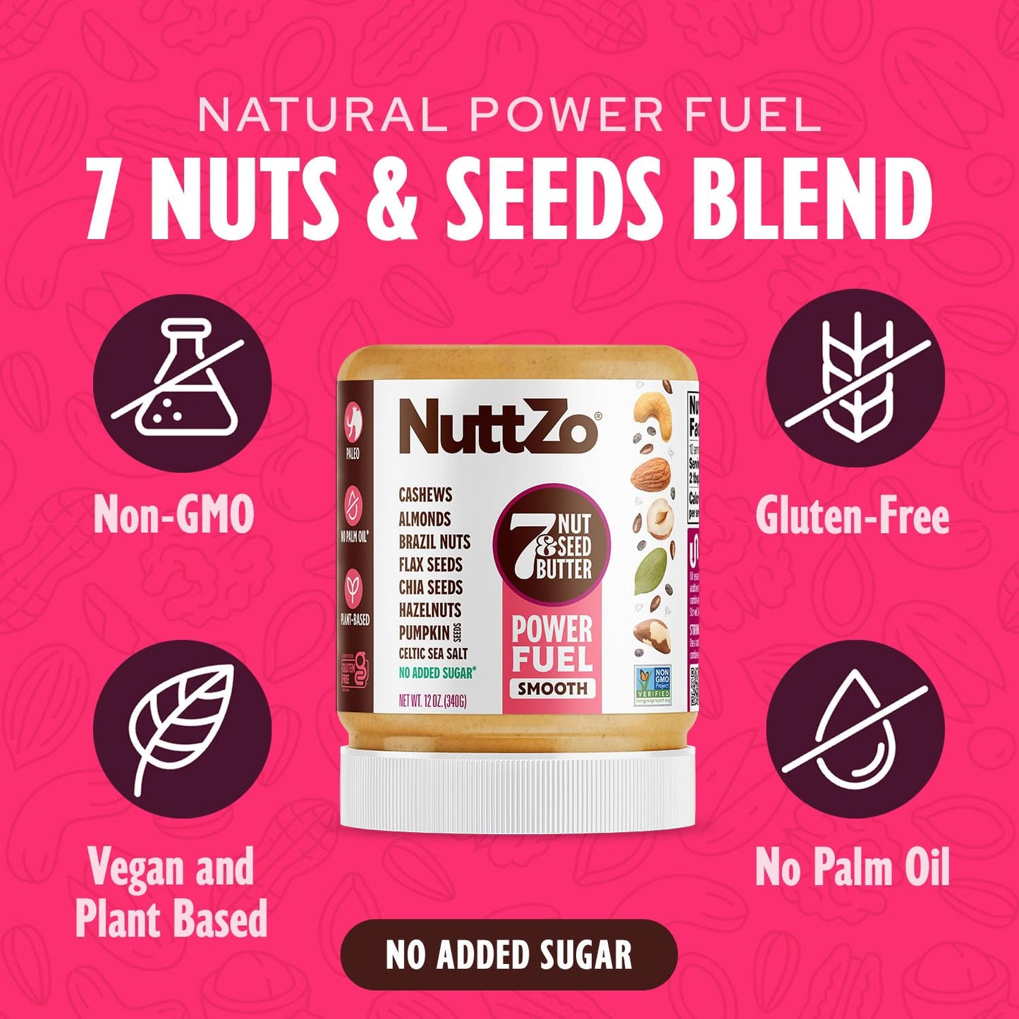 Natural Power Fuel Smooth Nut Butter by NuttZo | 7 Nuts & Seeds Blend, Paleo, Non-GMO, Gluten-Free, Vegan, Kosher | Peanut-Free,