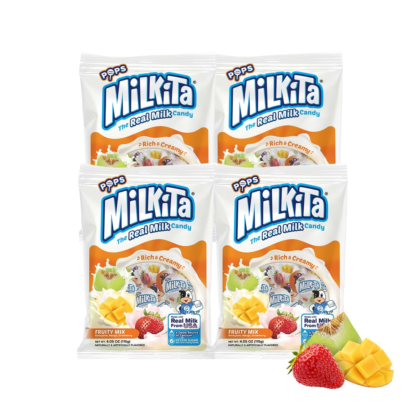 Milkita Creamy Shake Lollipop Pack Of 4, Gluten Free Chewy Candies With Calcium & Real Milk, Zero Trans Fat, Low-Sugar, Fruity Flavors (Strawberry, Honeydew, Mango), 40 Pcs