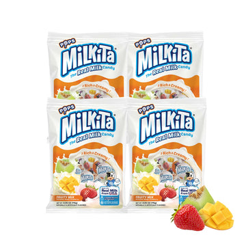 Milkita Creamy Shake Lollipop Pack Of 4, Gluten Free Chewy Candies With Calcium & Real Milk, Zero Trans Fat, Low-Sugar, Fruity Flavors (Strawberry, Honeydew, Mango), 40 Pcs