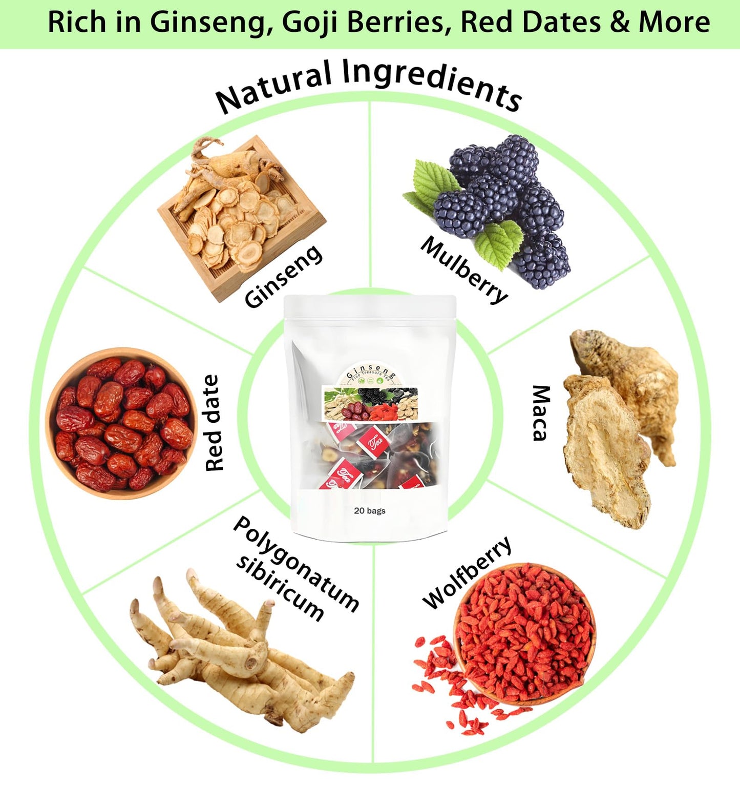 Qiuumey Kidney Tea Formula - Ginseng Six Treasure Tea, Natural Ingredients, Sweet Taste - 40 Bags