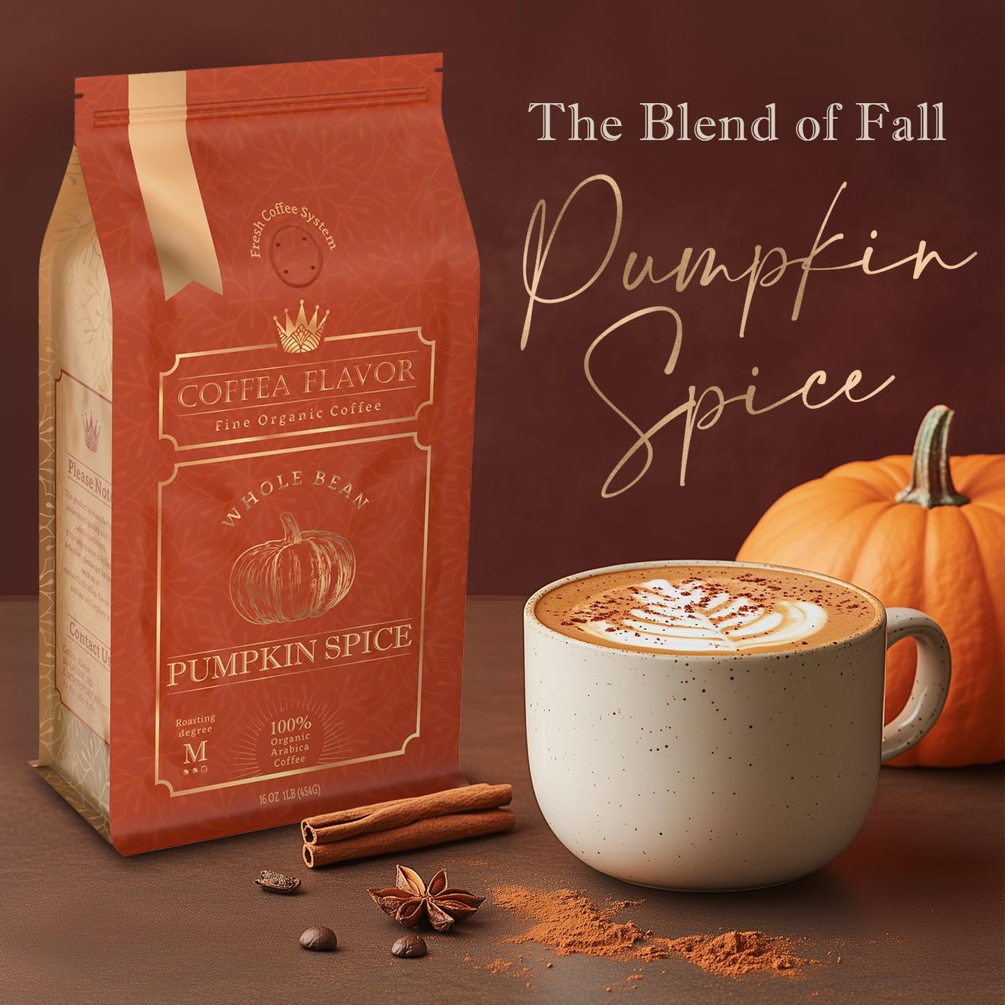 Spiced Pumpkin Flavored Whole Bean Coffee - Organic, Single Origin, Medium Roast, 100% Arabica, Naturally Flavored - 16 Oz Bag -