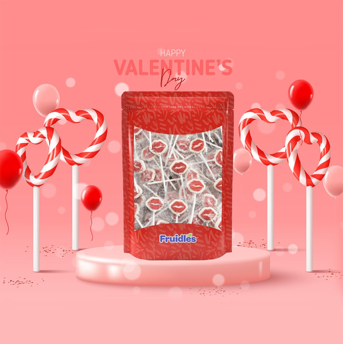 Fruidles Valentine'S Red Lips Lollipop Sucker, White Lip Shaped Lollipop With Red Lips, Individually Wrapped Candy (Half-Pound)