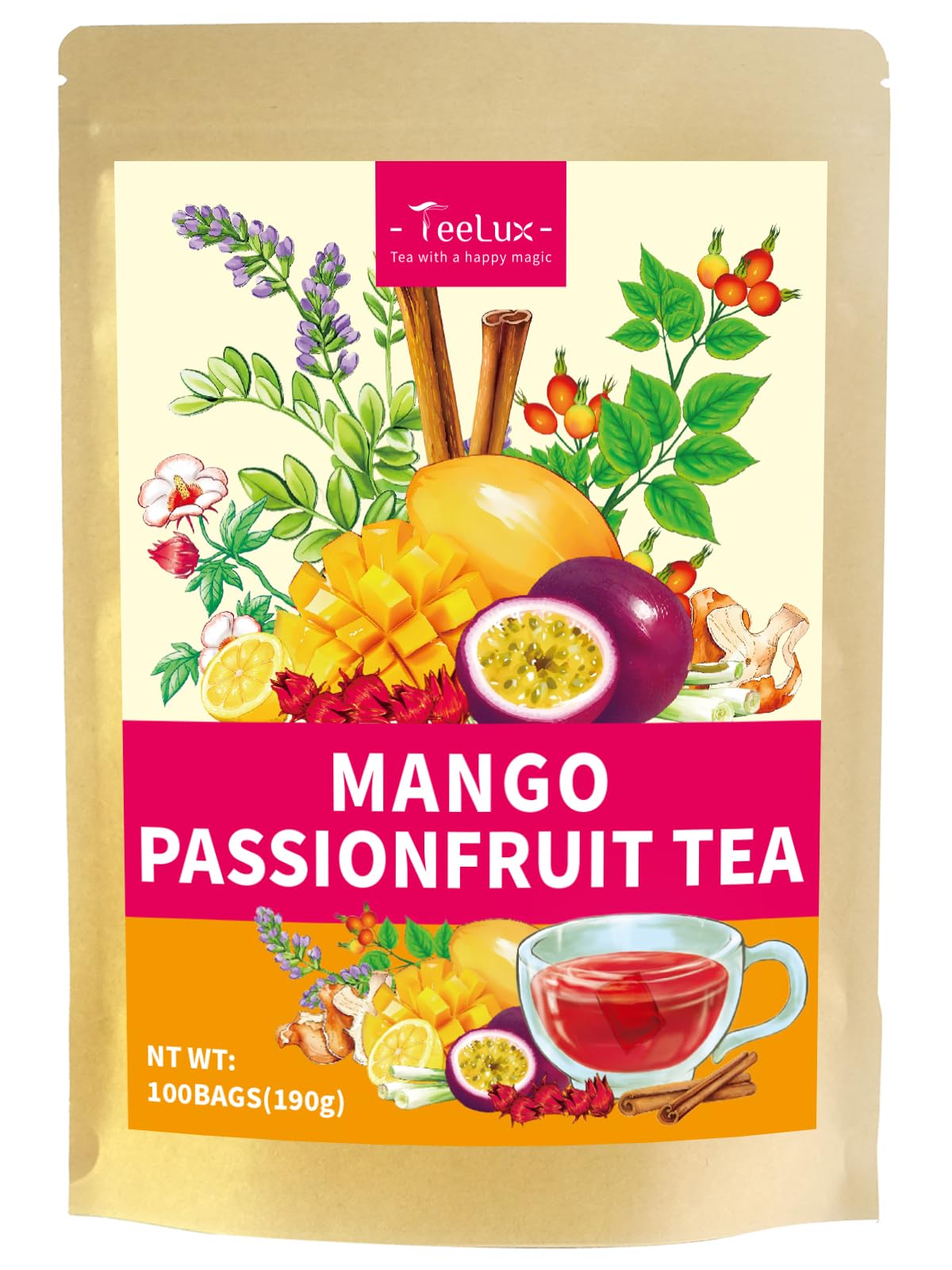 Teelux Mango Passion Fruit Tea With Hibiscus Rosehip  Cinnamon & Citrus Blend  Energy Blend-Free Tropical Tea  100 Count