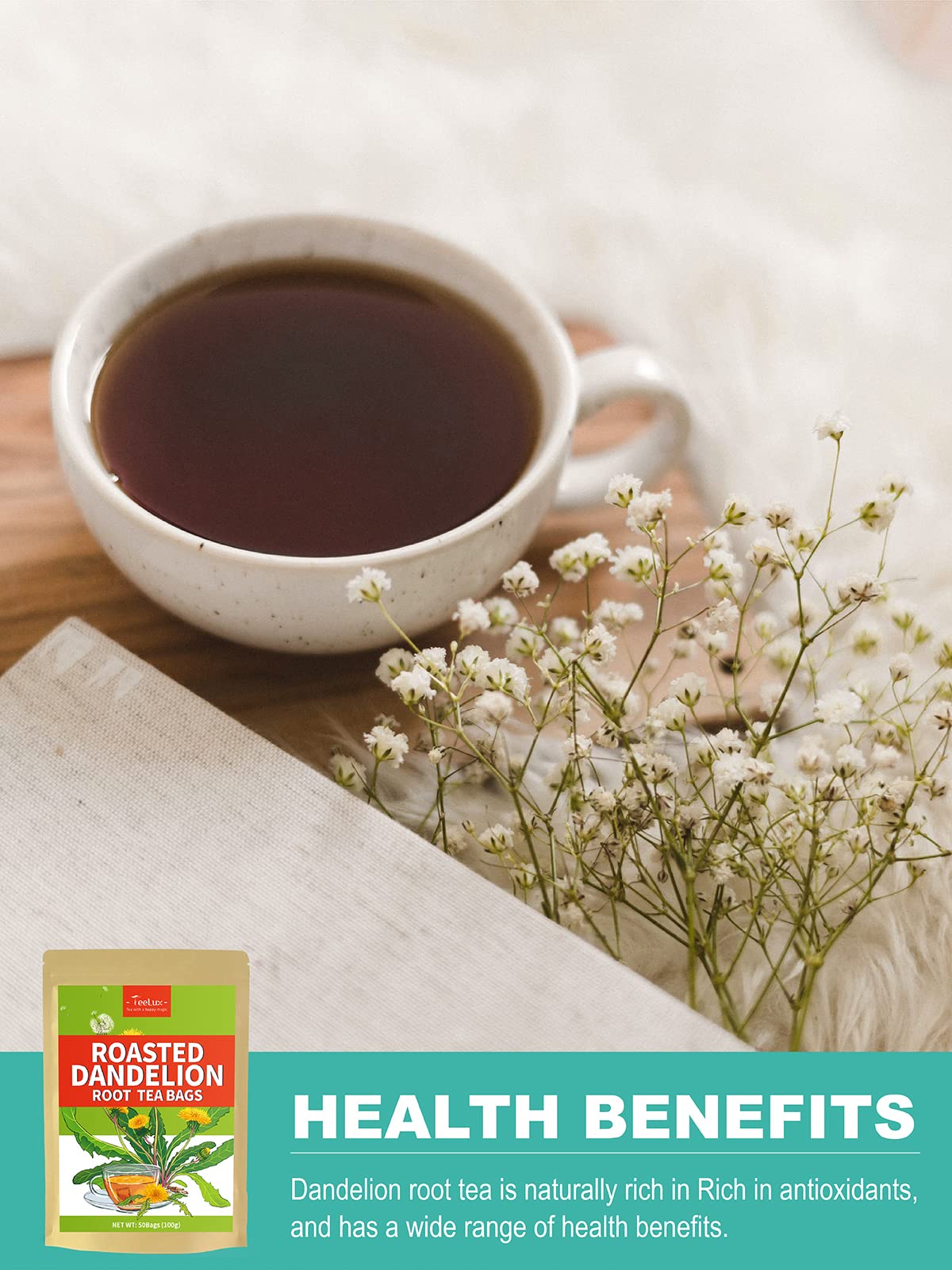 TeeLux Roasted Dandelion Root Herbal Tea Bags, Caffeine Free, 50 Count