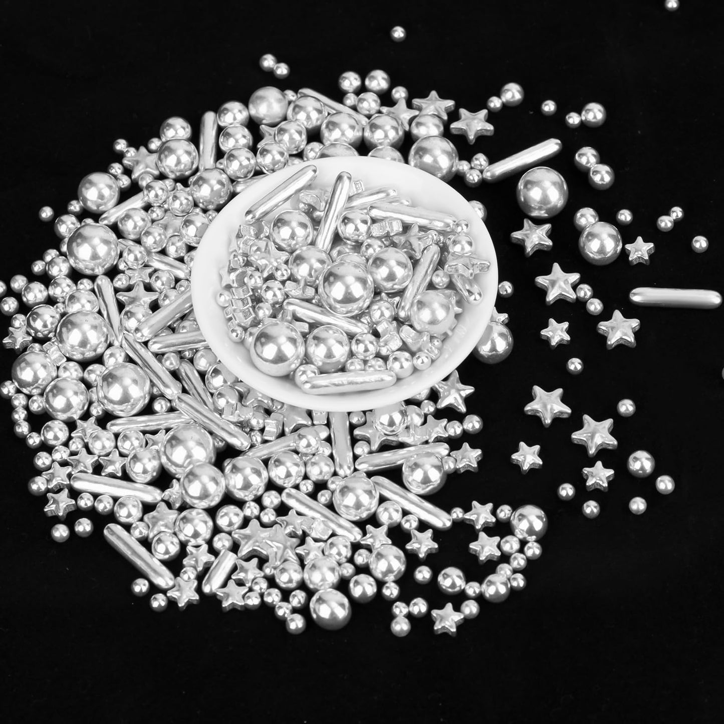 Twisweet Silver Pearl Rods Star Sprinkles, Edible Sugar Sprinkles for Cake Decorating, Mix Size Candy Pearls for Baking Cake Top