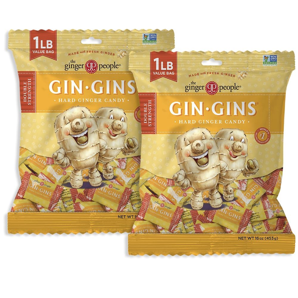 Gin Gins Double Strength Ginger Hard Candy – Natural Ginger Candy By The Ginger People – Individually Wrapped Healthy Candy – Double Strength Flavor – Large 1 Lb Bag (16Oz) – Pack Of 2