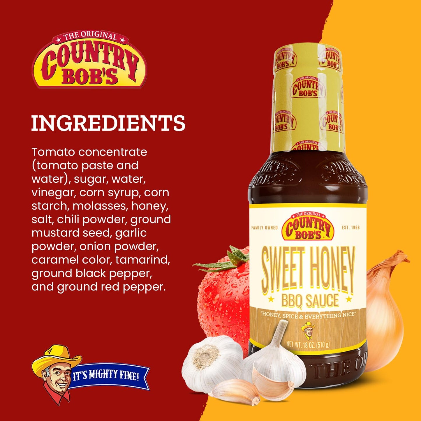 Country Bobs BBQ Sauce - Sweet Honey Barbecue Sauce for Meat, Chicken, Fish & Pork, Gluten Free, 18oz, Pack of 1