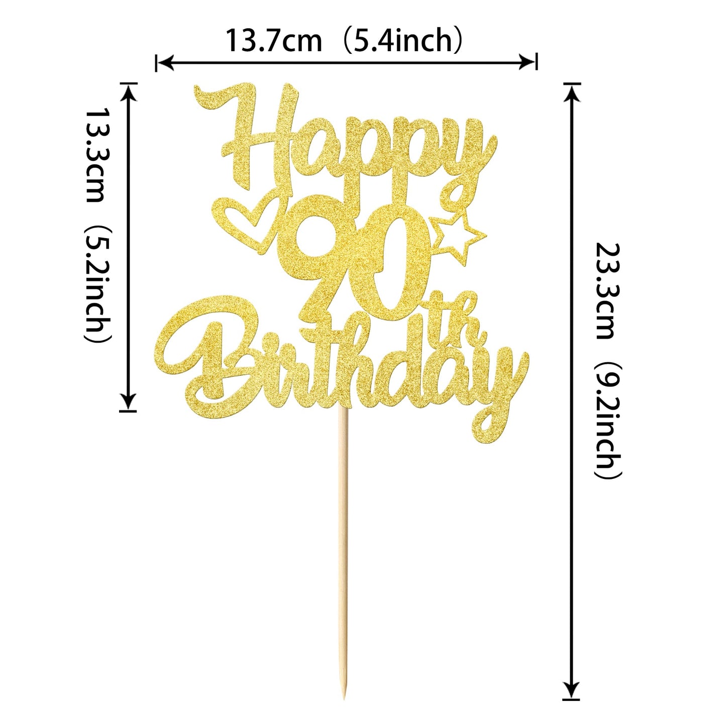 YCTHUNFISH 90th Birthday Cake Topper Glitter Heart Star Gold Bamboo Decorations