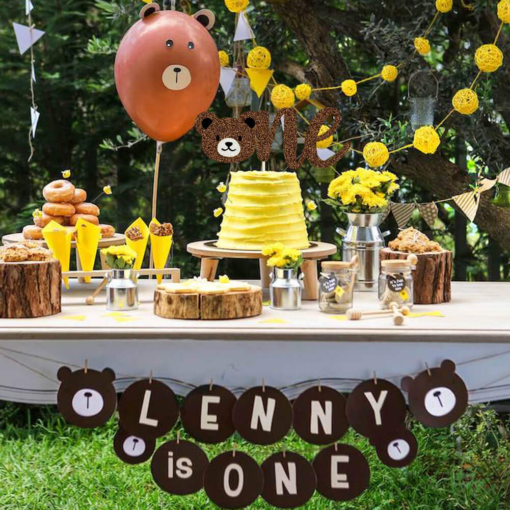 LetDec Bear First Birthday Cake Topper, Brown Paper, 1 Count, Lumberjack Theme, Rustic Buffalo Plaid Decorations