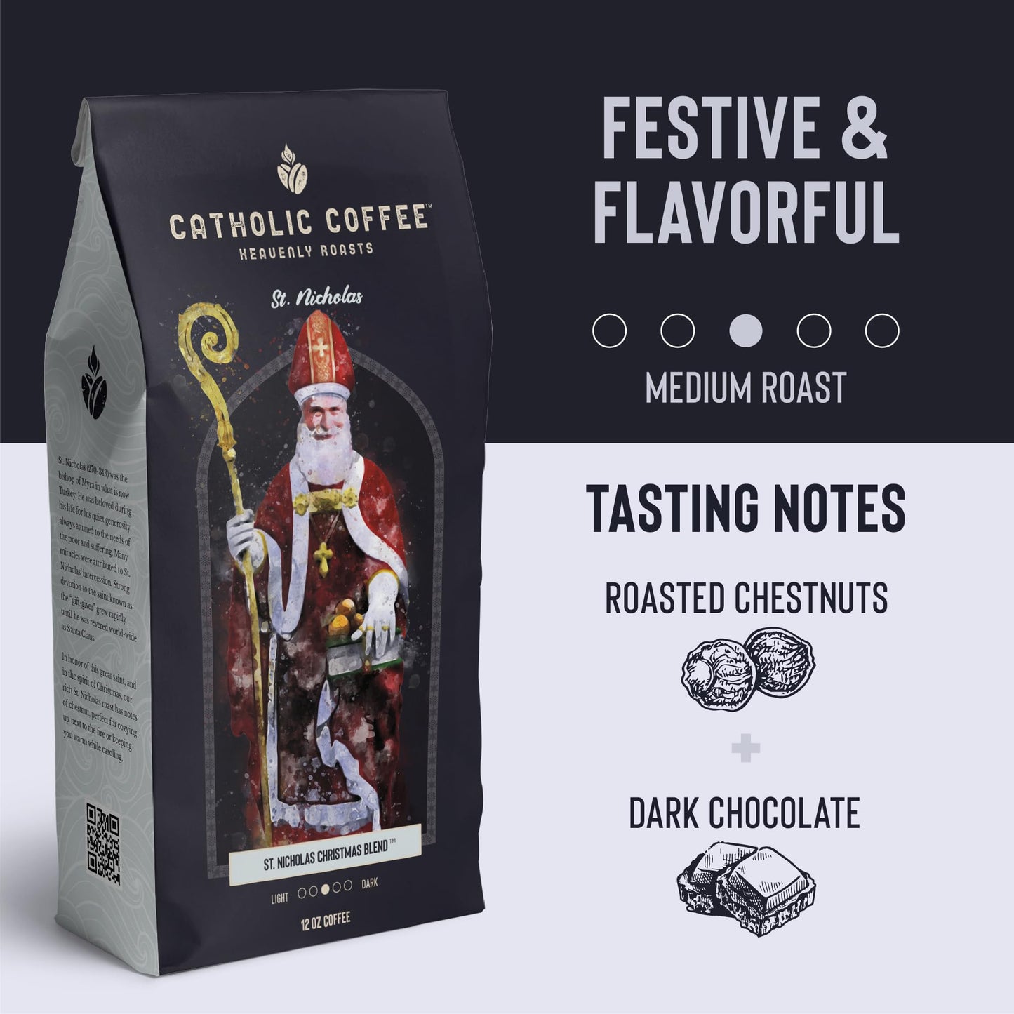 St. Nicholas Christmas Blend (Whole Bean) 12 oz Small-Batch Craft Coffee, Gift for Catholic Faithful & Coffee Lovers