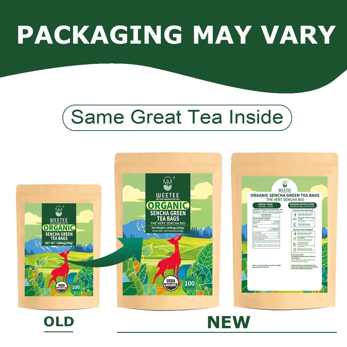 Wt Weetee Organic Sencha Green Tea Bags, Organic Steamed Green Tea 100 Count, Natural Caffeine & Antioxidant, Good For Hot Iced Cold