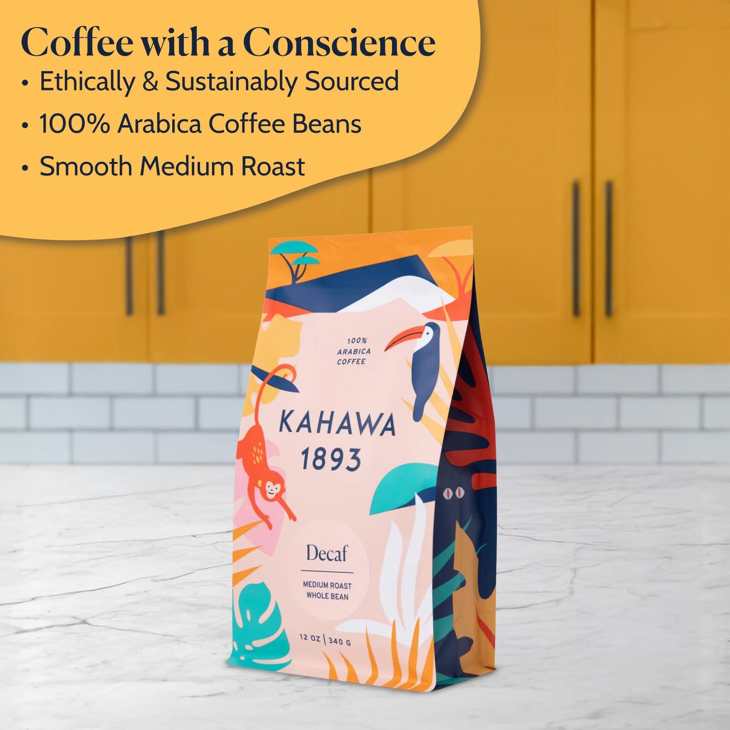 KAHAWA 1893 Whole Bean Coffee Decaf Blend, Medium Roast, 12 Ounce